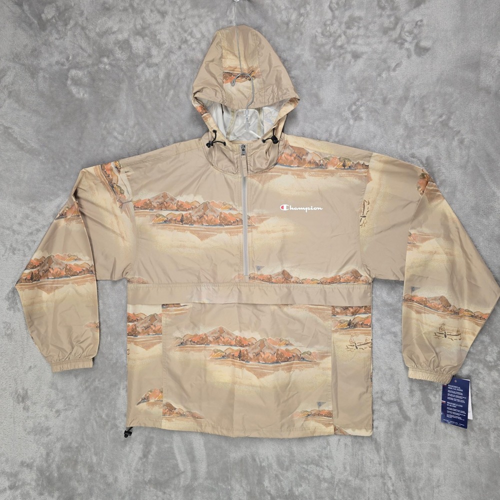 Champion Packable Jacket Mens L Arctic Gold Beige Mountain Windbreaker Active